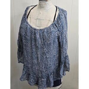 Lucky Brand Blue Geo Print Off Shoulder Blouse Top Ruffle Bell‎ Sleeve M Boho